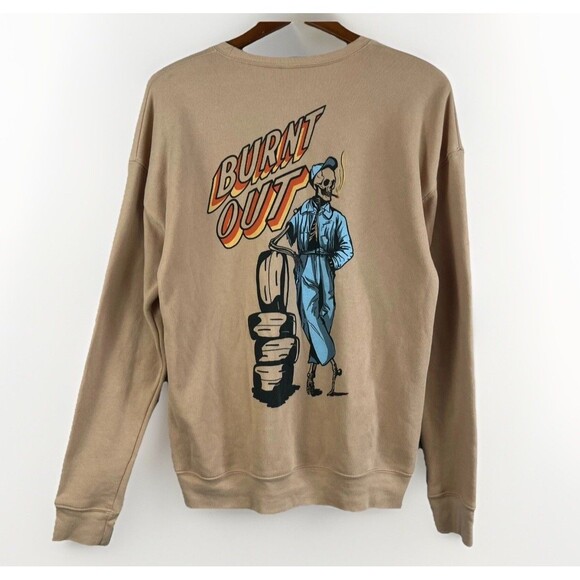 BELLA + CANVAS Sweatshirt Unisex Brown "Burnt Out" Skeleton Tire Mechanic Fleece - Picture 1 of 8